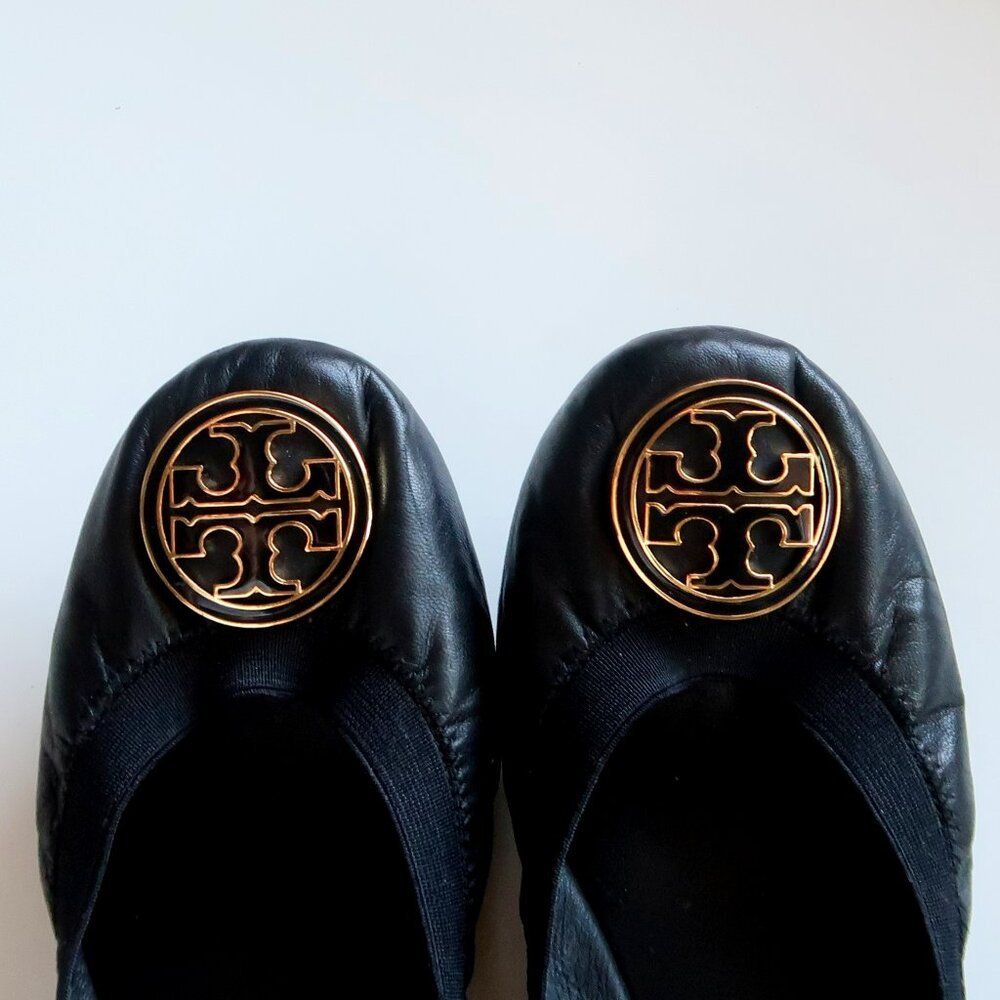 Tory Burch Black Leather Round Toe Ballet Flats Gold Logo Classic Designer Shoes - Picture 9 of 16